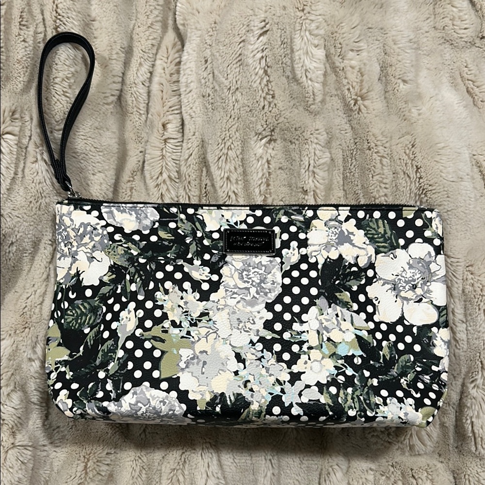 Betsey Johnson faux leather New York City polka dot floral wristlet clutch